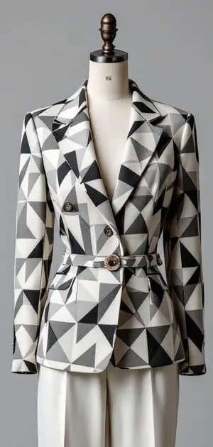 Grey and white geometric patterned blazer