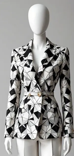 Black and white geometric patterned blazer with belt