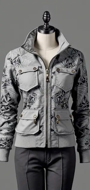 Silver geometric pattern jacket on mannequin