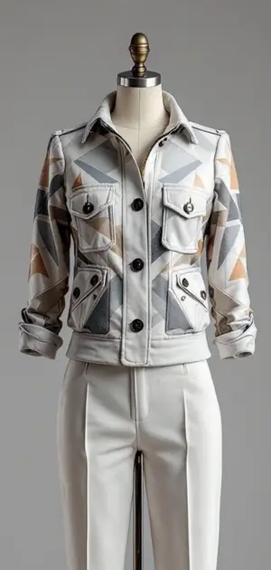 Grey and white geometric utility jacket on mannequin