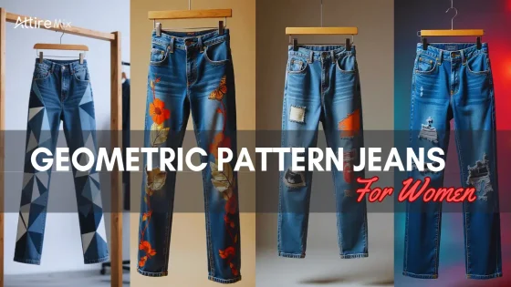 Woman wearing bold geometric pattern jeans with high waist cut in urban setting