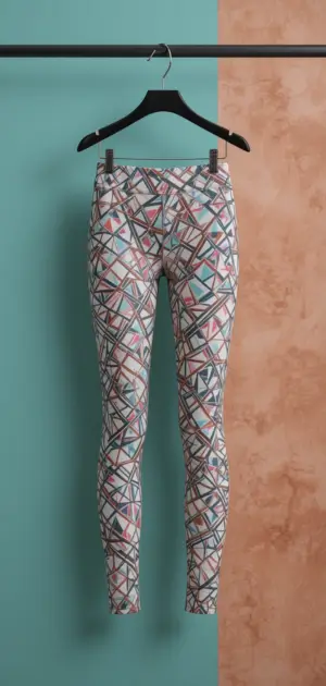 Stylish women’s leggings with pastel geometric patterns on display.