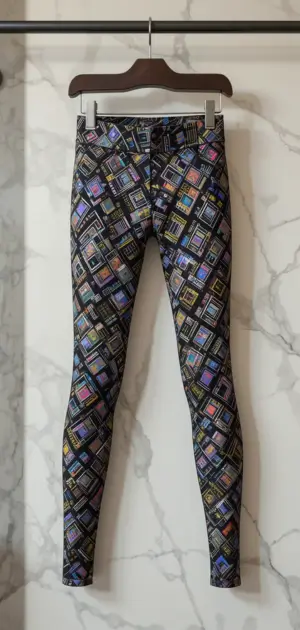 Close-up of women’s leggings with vibrant geometric patterns on display.