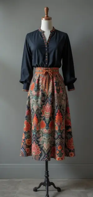 Black blouse styled with a striking geometric floral midi skirt.