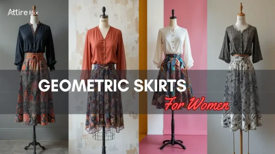 Four mannequins displaying stylish geometric skirts for women.
