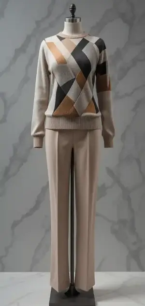 Mannequin in a chic sweater with a complex geometric pattern and beige trousers