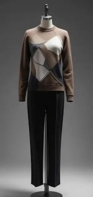 Mannequin displays a sweater with abstract geometric design over black trousers