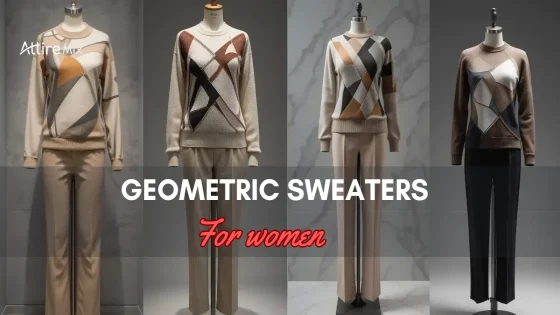 Collection of Geometric Sweaters For women patterned sweaters on mannequins, titled 'Geometric Sweaters for Women