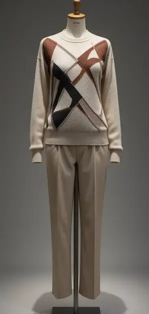 Mannequin featuring a sweater with bold geometric shapes over beige trousers