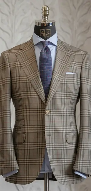 Brown Glen check suit with blue tie