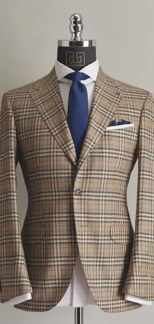 Brown checked suit with blue accents