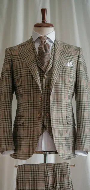 Dark glen check suit with tie on display