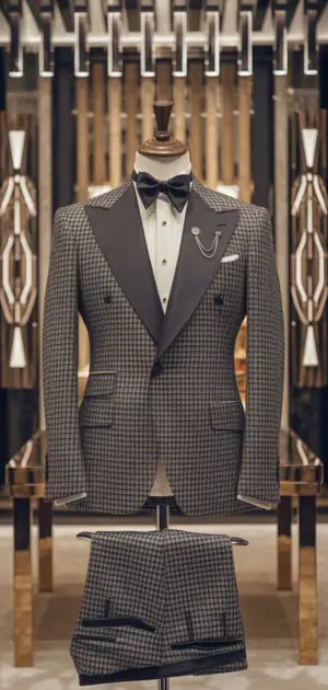 Detailed Glen Check suit displayed in a shop