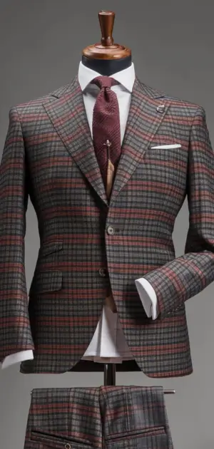 Multicolored herringbone suit with brown tones and accessories