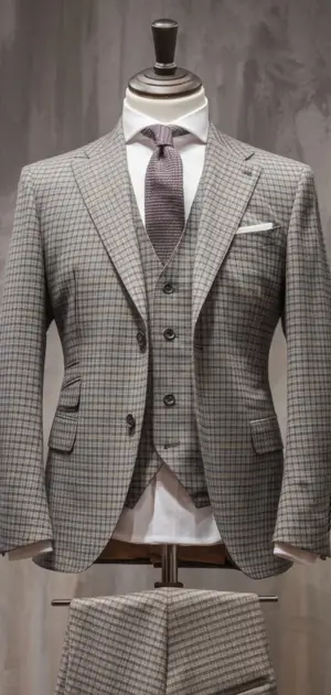 Light gray herringbone suit with lavender tie and white shirt