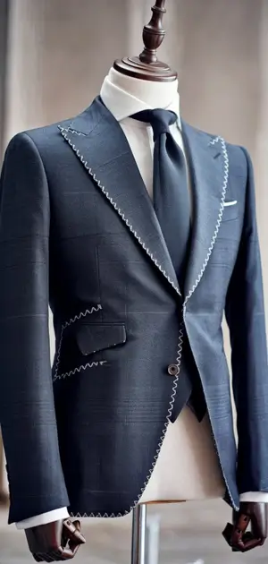 Navy blue herringbone suit with unique detailing