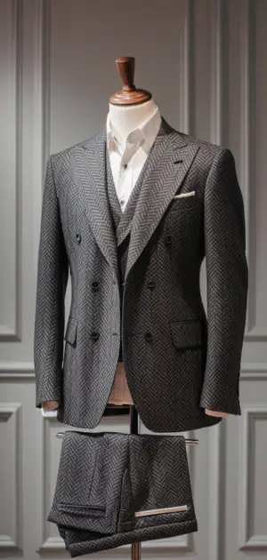Classic grey herringbone three-piece suit