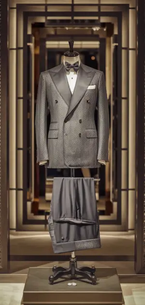 Herringbone patterned suit on mannequin