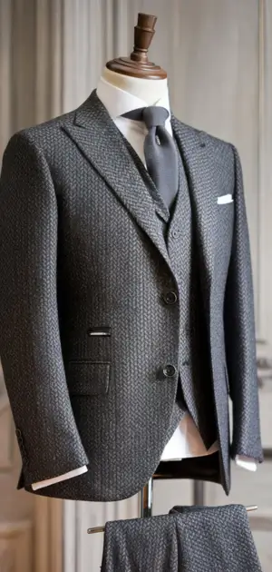 Dark grey herringbone suit with tailored fit