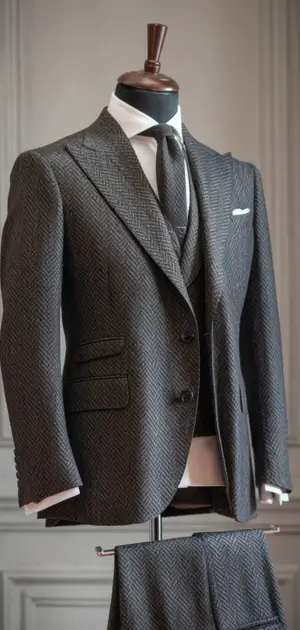 Charcoal herringbone three-piece suit