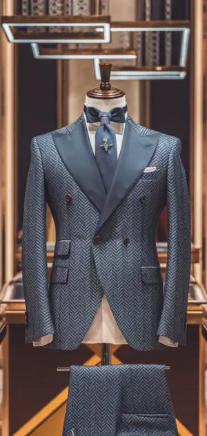 Blue herringbone suit on a mannequin