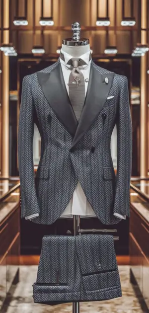 Grey double-breasted herringbone suit