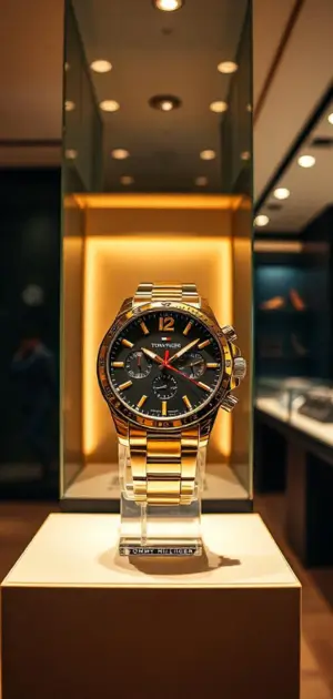 A Tommy Hilfiger gold watch with a black dial and chronograph functionality