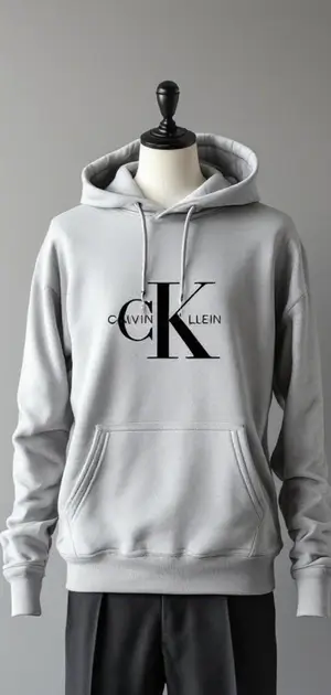 Grey Calvin Klein hoodie with a bold CK and full-text branding