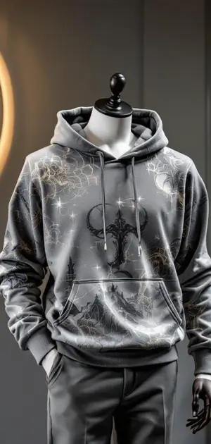 Grey hoodie with celestial and deer antler graphic design