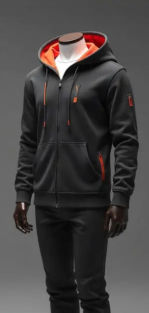 Black luxury zip-up hoodie with orange accents