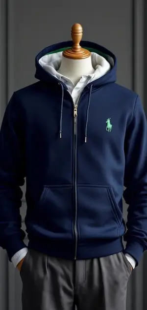 Navy zip-up Ralph Lauren hoodie with green Polo logo