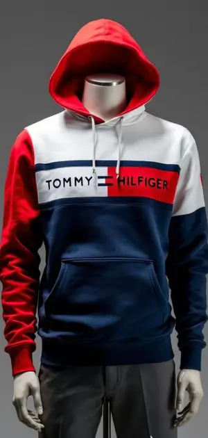 Navy and red Tommy Hilfiger hoodie with logo stripe