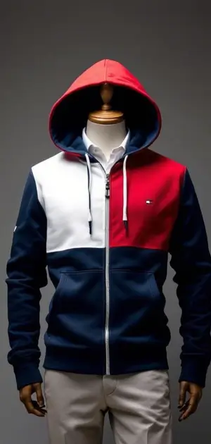 Tommy Hilfiger zip-up hoodie with red, navy, and white colour-block design