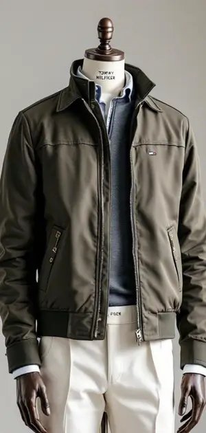 Olive-green Calvin Klein jacket with layered styling
