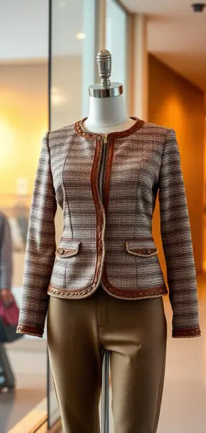 Brown tweed jacket with orange trim on a mannequin