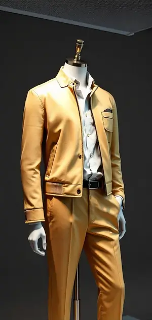 Mustard yellow jacket with a matching pair of trousers and a crisp white shirt.