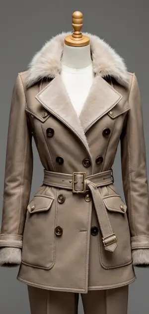 Beige trench coat with plush fur lapels.