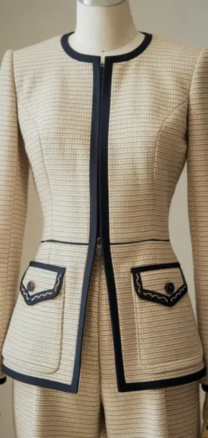 Beige textured jacket with navy trim on mannequin