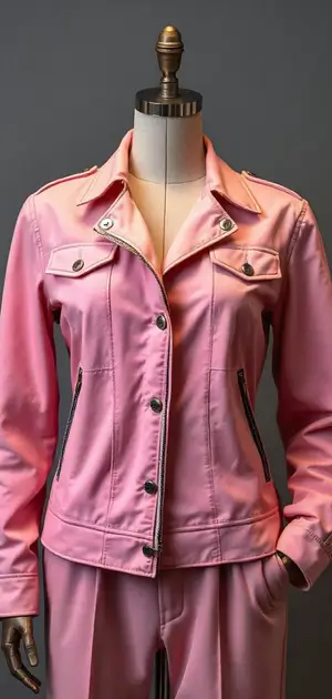 Bright pink jacket with silver accents on mannequin