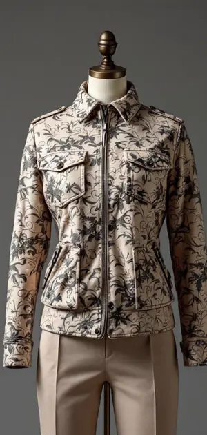 Beige plaid jacket with botanical print on mannequin