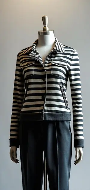 Black and white striped zip-up jacket on mannequin