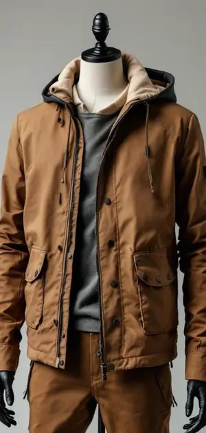 Tan Tommy Hilfiger jacket with a hoodie layer and multiple pockets
