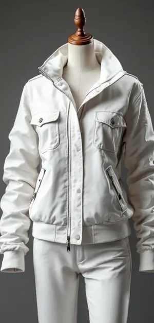 Modern white utility jacket on a mannequin