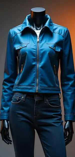 Vibrant blue leather jacket with zipper details