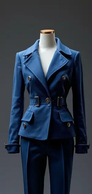 Navy blue belted blazer on a mannequin