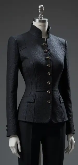 Black textured button-up jacket with a tailored fit on a mannequin