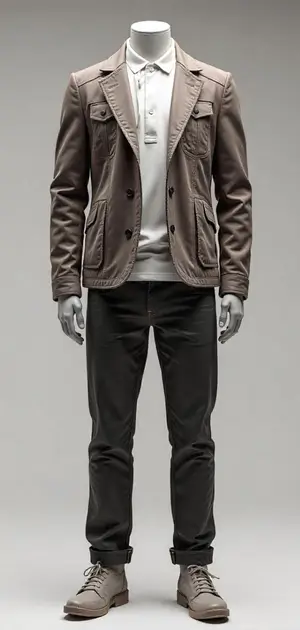 Taupe casual jacket styled with a white polo shirt and dark trousers