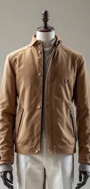 Beige Calvin Klein jacket styled with neutral trousers