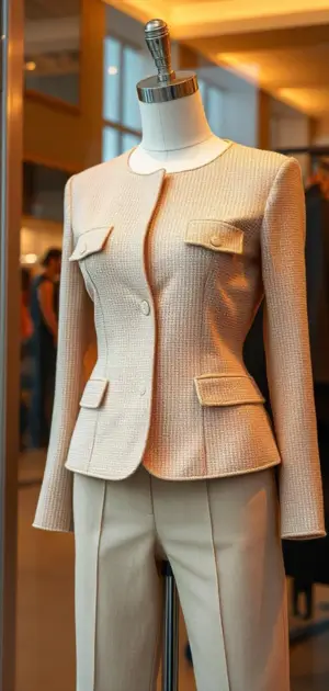 Light beige jacket with flap pockets on a mannequin