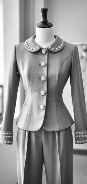 Silver jacket with pearl details on collar and sleeves